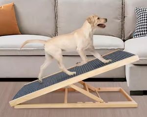 कुत्तों के लिए समायोज्य आधुनिक आयताकार लकड़ी के तह रैंप सीढ़ियों को छोटे जानवरों के लिए ठोस इनडोर आउटडोर पालतू बिस्तर सहायक - Product Image 4