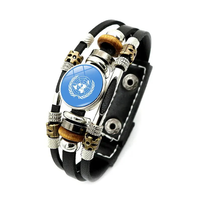 Customized the United Nations Flag Snap Buckle Leather Bracelet Punk Style Multi layered Woven Beaded Bracelet