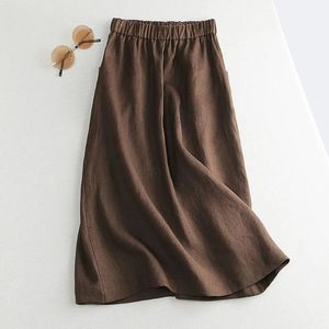 Women's Mid Length Linen <b>Skirt</b> <b>Elastic</b> Waist Coffee White Cotton Casual Daily Wear - Product Image 2