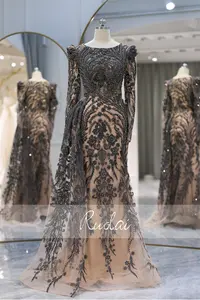 Ruolai LWC8129 럭셔리 긴 소매 보트 넥 이브닝 드레스 구슬 인어 사이드 크리스탈 댄스 파티 드레스