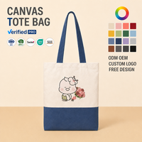Sac fourre-tout personnalisé en toile de coton bicolore avec imprimé mascotte de dessin animé mignon, poignée marine, sac à bandoulière réutilisable pour femmes, vente en gros