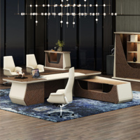 Ensemble de mobilier de bureau de direction de luxe durable : bureau de PDG en bois, chaise de patron réglable, armoire latérale, table de gestionnaire moderne pour entreprise