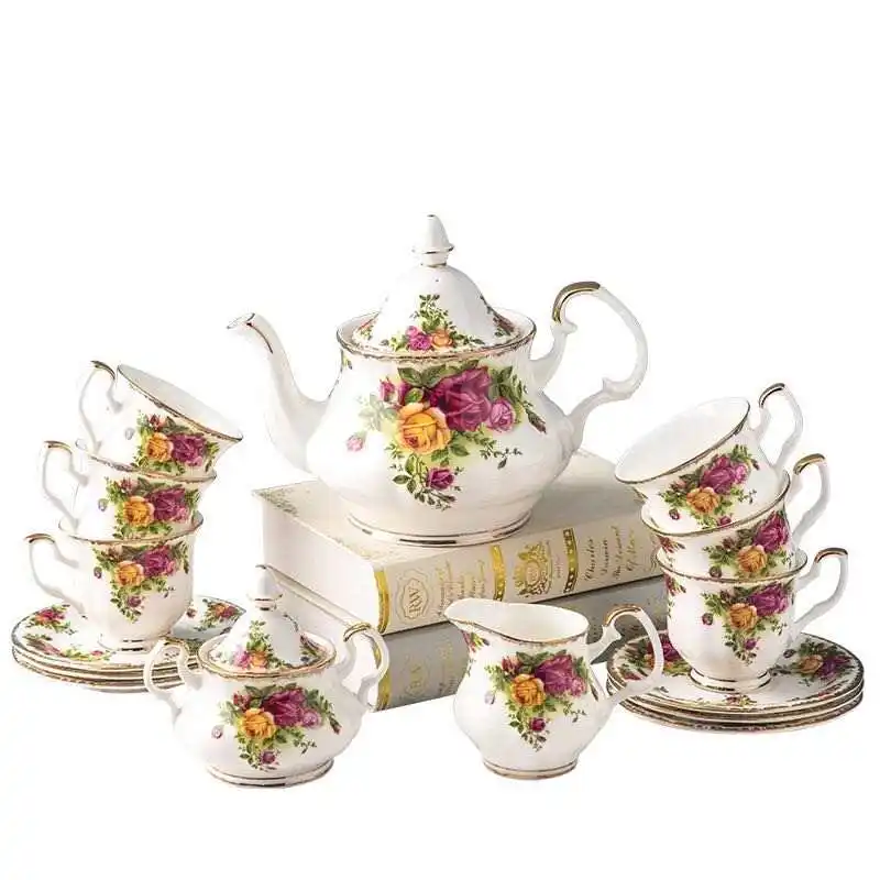 European Vintage Rose Pattern Ceramic Coffee Sets Cup Saucer Pot 15 PCS Fine Bone China Tea Gift Sets With Color Package