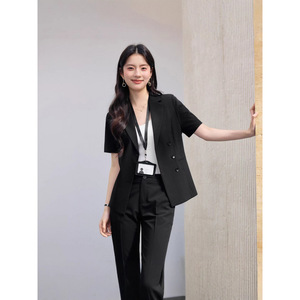 Women's Gray Short Sleeve Double Breasted <b>Blazer</b> And Trousers Suit <b>Set</b> For Commute Anti-Wrinkle Formal Wear - Product Image 3