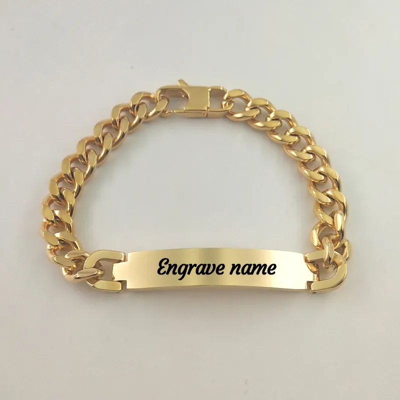 Stainless Steel Men Bracelet 18K Gold Plated Thick Cuban Link Chain Custom Name Letter Personalized Engrave ID Logo Bar Bracelet