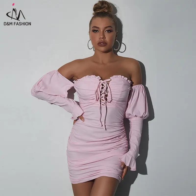D&M New Arrival 2021 Fall Luxury Sexy Pink Long Lantern Sleeve Ruched Backless Bodycon Dress Woman Party Nigh Club Evening Dress