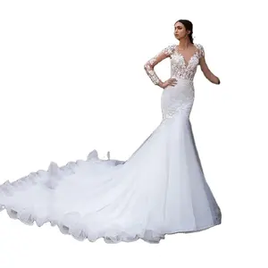 Full Lace Wedding Dresses 2021 Long Sleeves Sweep Train Bridal Gowns Elegant V Neck Covered Button Robe Designer