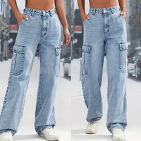 Jeans cargo pour femmes en gros, coupe baggy, taille haute, multi-poches, jambe large, en denim