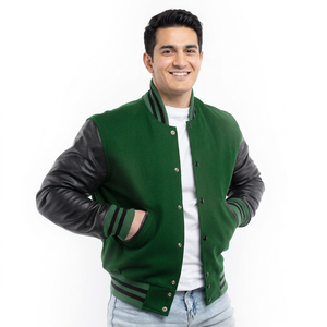 <b>Men's</b> High School Bomber Wool Genuine Leather Varsity <b>Jacket</b> Dark Green Stand New Fashion <b>Letter</b> CollegeBaseballjacket for <b>men</b> - Product Image 1