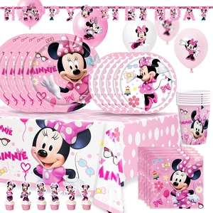 Fournitures de décoration de fête d'anniversaire <span class=keywords><strong>Minnie</strong></span> Mouse personnalisées pour 16 invités, avec bannière, nappe, assiettes jetables - Product Image 1