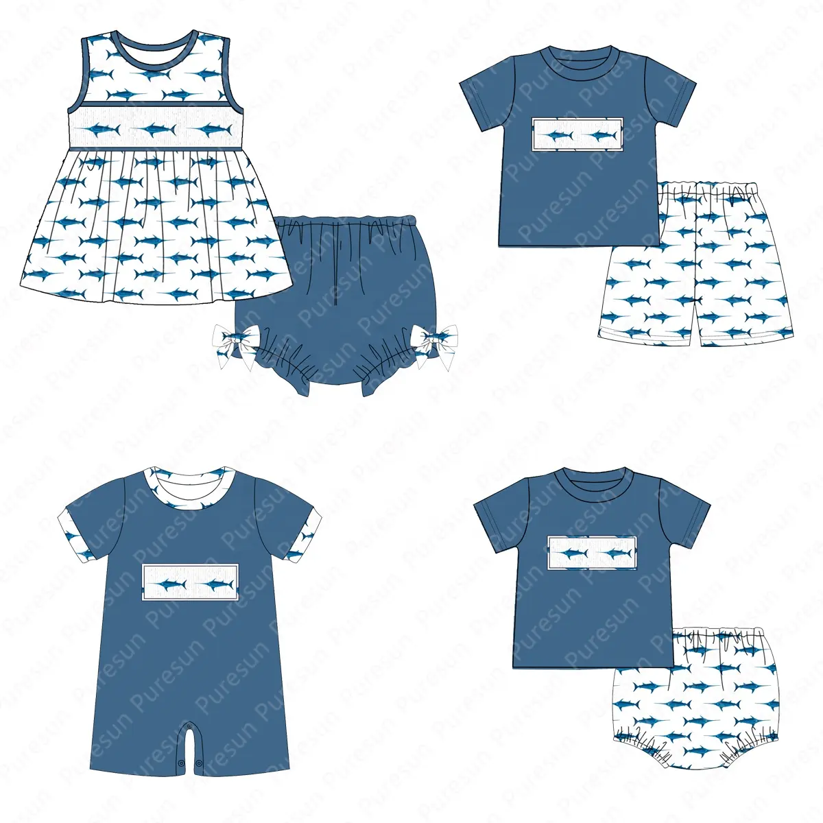 Marlin fish smocked sibling matching clothing set spring summer kids cute boys girls short sleeves custom boutique outfits