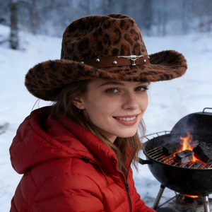 Sombrero Vaquero con Estampado de Leopardo ZhenXi, Talla M56-58cm, Fedora Esponjoso con Banda de Cabeza de Toro, Sombrero Elegante para el Día a Día - Product Image 4