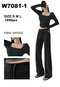 Pantaloni a gamba larga a vita alta in tinta unita, lunghezza intera, vita elastica, traspiranti, in cotone e spandex, abbigliamento sportivo casual da donna W7081-1 - Product Image 1