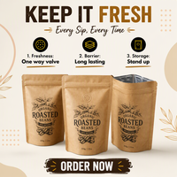 Sachet de café personnalisé en papier kraft naturel, anti-odeur, avec valve et fermeture éclair, 250g 12oz, pour l'emballage de grains de café bio torréfiés de spécialité