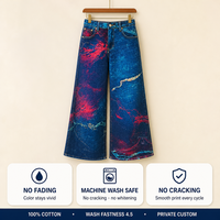 Jean taille haute à jambe large pour femme, imprimé marbré rouge cramoisi et cyan électrique, en denim, OEM