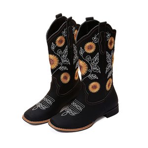 Nuevas Botas Vaqueras de Mujer a Media Pantorrilla, Estilo Western, con Bordado de Girasol, Puntera Cuadrada y Tacón Bajo - Product Image 1