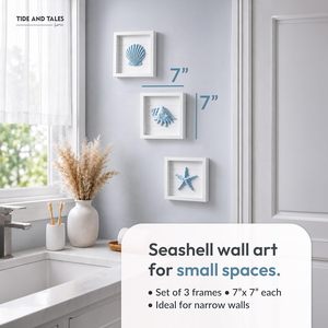 Conjunto de 3 Cuadros Decorativos 3D con Conchas Marinas y Estrellas de Mar (7"x7") con Temática Costera y Oceánica para Baño/Dormitorio, Decoración de Casa de Playa - Product Image 2