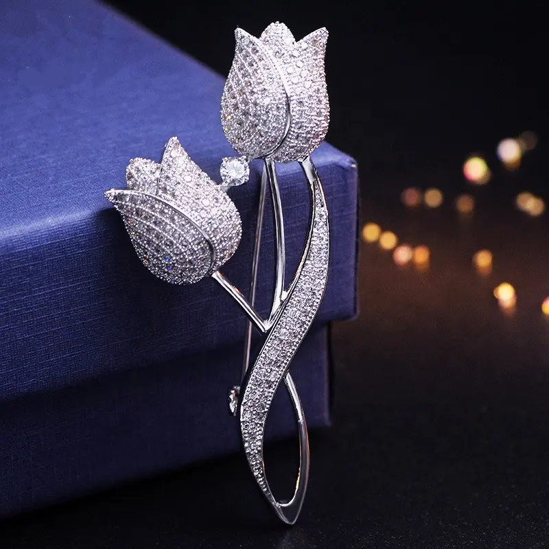 Fashion Tulip Brooch Pin Elegant Rose Flower Cubic Zircon Brooches For Wedding Costume Accessories Jewelry Gifts