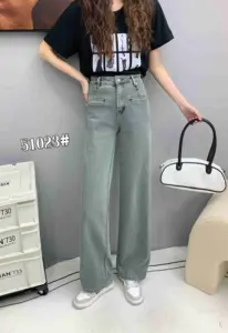 51023 Pants Quality Washed Straight Loose Fitting Wide Leg High Waist Plus Size Women's Jeans