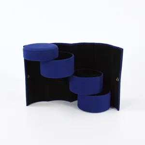 Benzersiz tasarım özel logo mavi kadife yüzük küpe kolye takı hediye döner tüp silindir 3 çekmeceli kağıt ambalaj kutusu