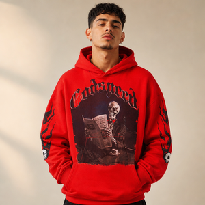 Sudadera con Capucha Oversize de Algodón 100% Lavado Estilo Vintage con Estampado Gótico de Calavera y Periódico, Corte Crop, Estilo Urbano para Hombre - Godspeed - Product Image 2