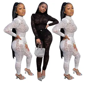 Female 2 Piece Sets Outfit See Through Lace Tops and Pants Suits Women Sexy Winter Two Piece Night Club Outfits Set