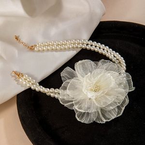 قلادة نسائية أنيقة من الشيفون الشبكي مع زهور، قلادة خانقة حلوة للحفلات والأعراس والعطلات، قلادة خانقة مزدوجة الطبقات مع لؤلؤ وزهور - Product Image 4