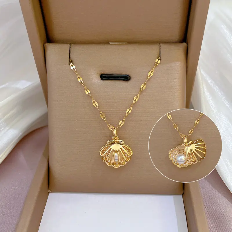 2023 New Hawaiian Beach Jewelry Real 18K Gold Shell Necklace Hollow Open Cubic Zircon Stainless Steel Shell Pearl Necklace