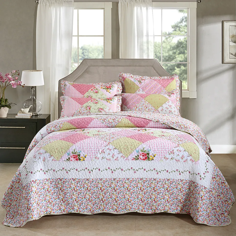 Direct Sales Eco-Friendly Pink And White Patchwork Bedspread Quilted Bedspread Cotton 3 Piece Brand Bedding Sets