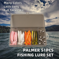 Ensemble d'accessoires de pêche en lac Palmer 51 pièces en PVC, leurres souples en plastique à queue en T, vers artificiels, hameçons à tête plombée barbelée, kit de matériel de pêche en boîte