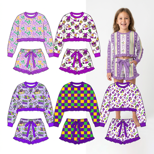 Preorder Girls Mardi Gras Print Long Sleeve Top Ruffle <b>Shorts</b> 2Pcs Set Boutique Outfit for <b>Toddler</b> Kids - Product Image 1