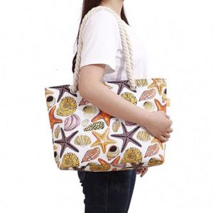 Factory Wholesale Ocean Style Women's Shoulder Shopping <b>Bag</b> <b>Large</b> Capacity Travel <b>Beach</b> <b>Bag</b> With Cotton Rope Handle - Product Image 2