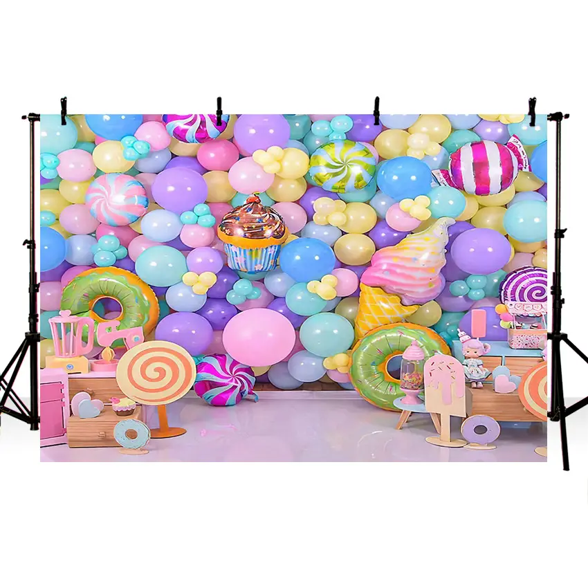 캔디 바 과자 다채로운 풍선 사진 배경 신생아 생일 파티 케이크 스매시 장식 배경 사진