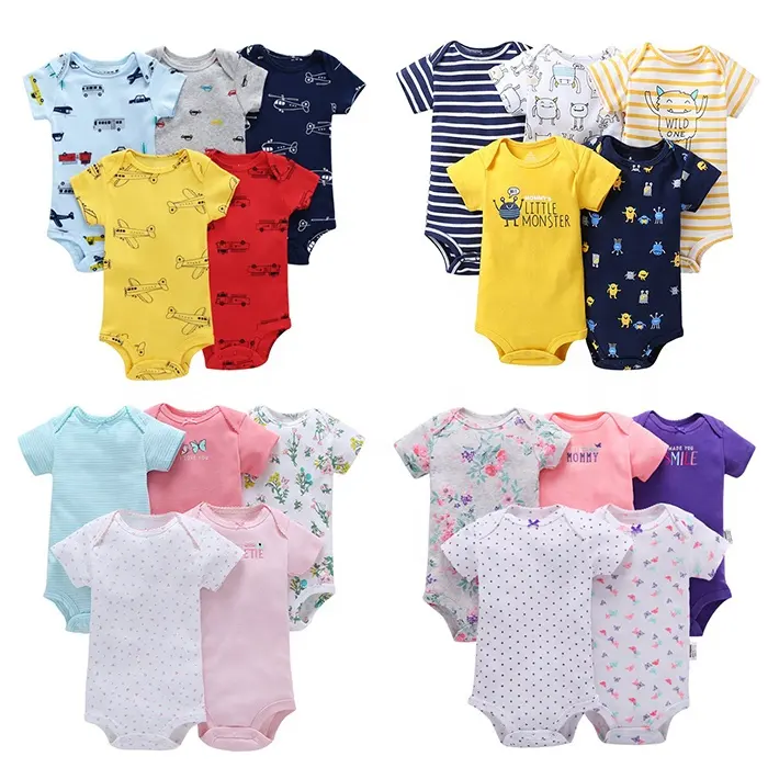 Wholesale new product summer 95% cotton soft stretch baby boy jumpsuit 5 piece baby girl romper baju baby