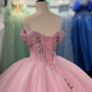 Robe de Quinceañera rose scintillante avec appliques en dentelle et fleurs 3D, épaules dénudées Dy6756 - Product Image 5