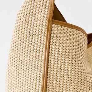 Bolso Tote Mediano Personalizado para Mujer, Bolso de Hombro Tejido de Rafia Natural para Otoño/Invierno, con Ribete de Cuero Sintético, para Playa y Viajes - Product Image 4