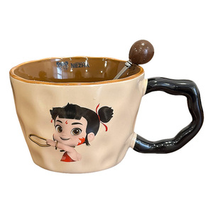 Nezha Ceramic <b>Mug</b> With Spoon Cartoon Design Red Beige Color For Gift Office Home Use - Product Image 3
