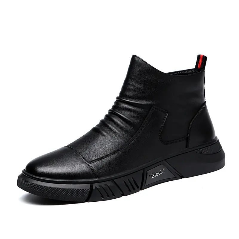 Men's Casual Leather Boots New Leather Plus Velvet Thick Warmth In Tube Leather Shoes Male British Low-heel Side Zipper