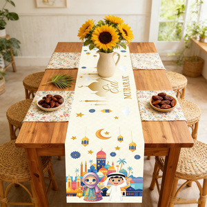 <span class=keywords><strong>Camino</strong></span> <span class=keywords><strong>de</strong></span> <span class=keywords><strong>Mesa</strong></span> para Ramadán Kareem con Diseño <span class=keywords><strong>de</strong></span> Personajes Animados, Luna Creciente y Palmeras, para Decoración <span class=keywords><strong>de</strong></span> Comedor en Festividades Musulmanas - Product Image 1