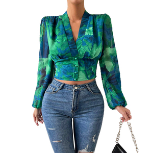 Camicette di Chiffon eleganti e Chemises da donna con stampa Vintage con scollo a V a maniche lunghe con stampa Vintage da donna - Product Image 3