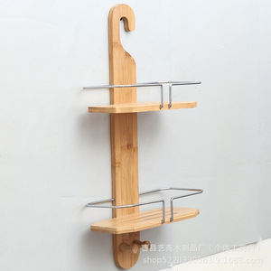 Estante de baño de madera para montar en la pared, estante de almacenamiento colgante de doble capa para artículos de tocador, color bambú, duradero - Product Image 2