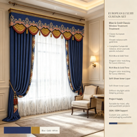 Rideaux bleu roi Yun Zhu avec broderie dorée, cantonnières et draperies de luxe pour la décoration de villas, salons et hôtels