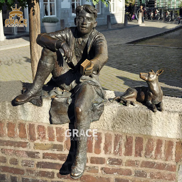 Sculpture en métal pour enfants, taille réelle, jardin extérieur, Bronze, garçon avec Statue de chien