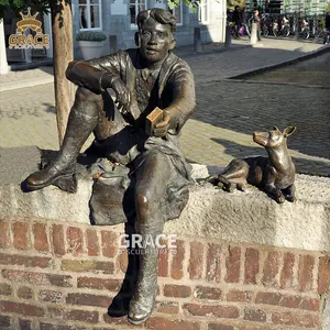 Metal Casting Kids Children Sculpture Life Size Outdoor Garden Bronze Boy With Dog Statue