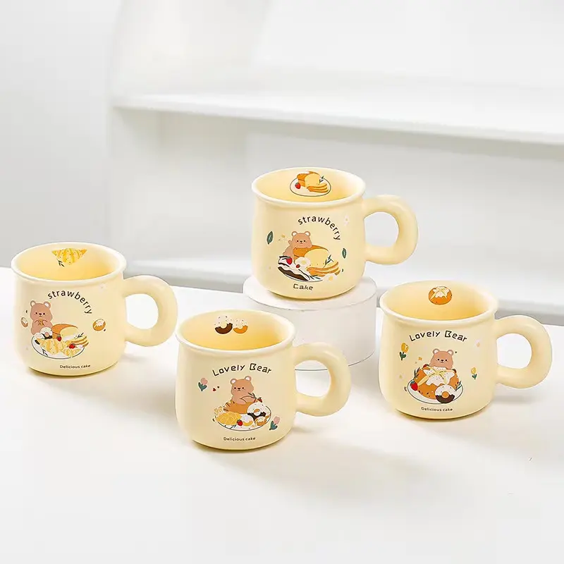 지속 가능성 제품 크리 에이 티브 귀여운 만화 곰 세라믹 우유 머그잔 아침 커피 컵 선물 컵 핸들