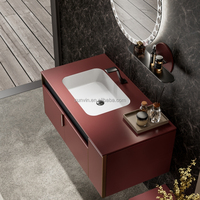 Meuble de salle de bain en surface solide avec vasque en pierre frittée, personnalisé avec éclairage, meuble-lavabo double vasque flottant