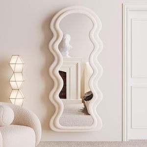 <span class=keywords><strong>Specchio</strong></span> a Figura Intera 63"x24" con Design Ondulato e Arcuato, Montabile a Parete o da Appoggiare, Cornice in Legno Rivestita in Flanella per Camera da Letto - Product Image 2