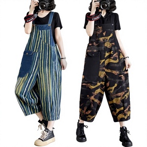 Real-shot 2025 Spring-size Splicing Denim Multi-pocket Contrast-color Three-quarter-length Streetwear <strong>Dungarees</strong> <strong>Women</strong> - Product Image 1
