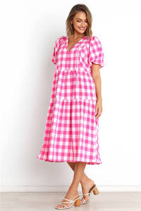 Personalizado Casual señoras cuello entallado <span class=keywords><strong>P</strong></span> manga corta escalonado con volantes suelto Gingham <span class=keywords><strong>Maxi</strong></span> vestido largo para las mujeres - Product Image 6