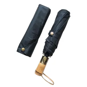 Сильный водонепроницаемый полностью автоматический черный тканевый солнцезащитный бамбуковый складной зонт с ручкой